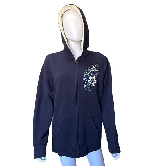 Basic Editions Navy Blue Sherpa-Lined Hoodie Jacket w/ Embroidery Womens Size 1X - Picture 1 of 8